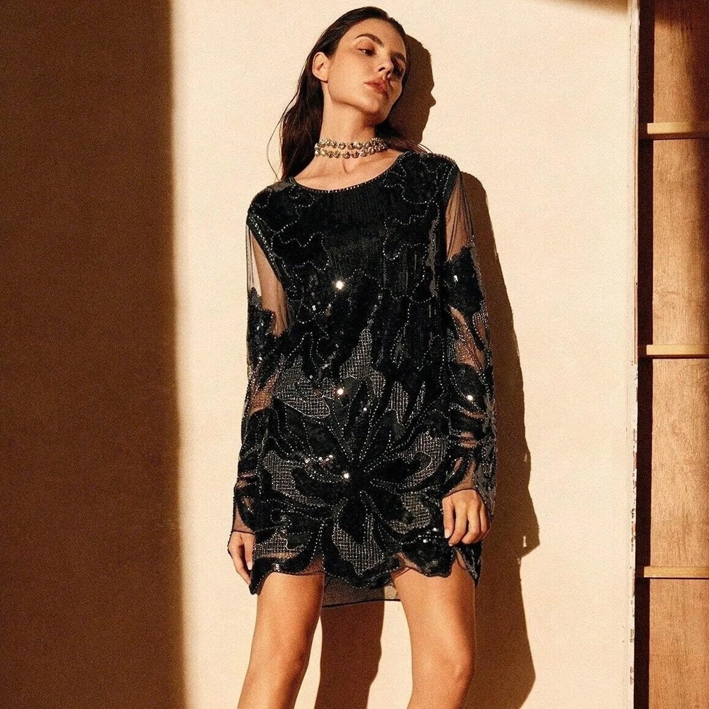 Anewsta Dress Womens Large Black Sequin Beaded Art Sheer Mini Party Glam Gatsby